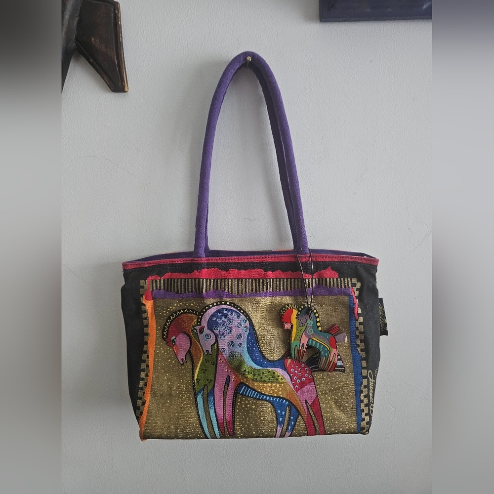 Laurel Burch Prancing Preening Horses Artistic Multicolor Canvas Tote Bag